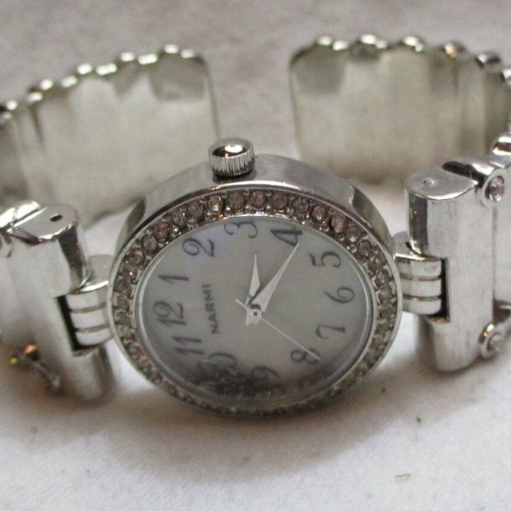 Narmi Silvertone Rhinestone Cuff Watch w/Crystal Accents
